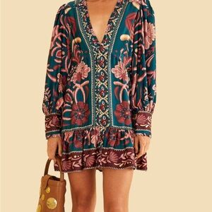 Floral V-Neck Dress - Teal and Burgundy